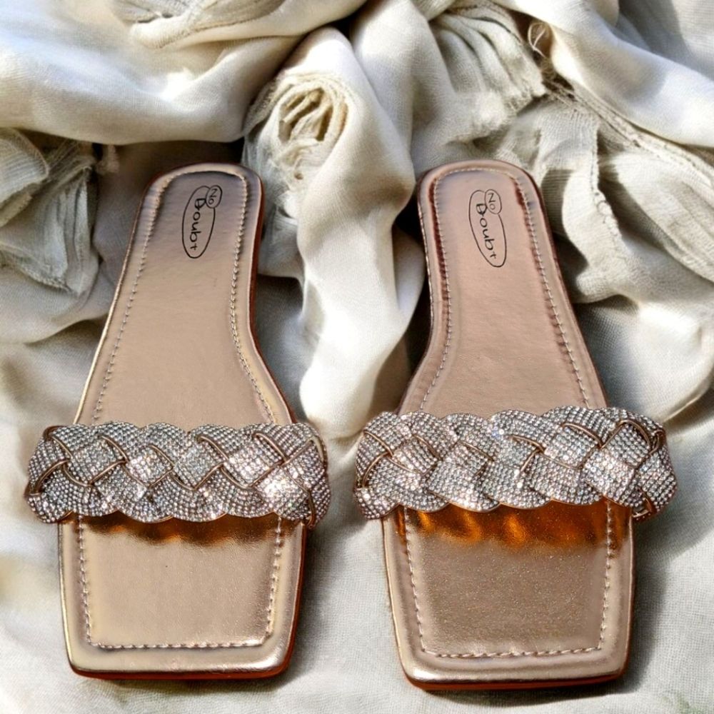 No Doubt Rose Gold Metallic  Rhinestone Braided Slip On Slides - Women's Size 7